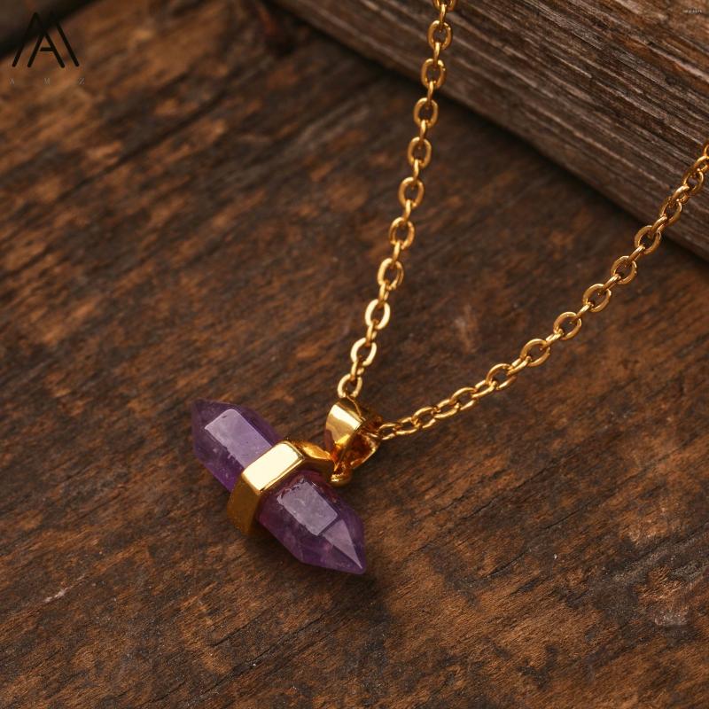 

Chains Tiny Hexagonal Amethyst Crystal Pendant Women Gemstones 18K Real Gold Plated Necklace Handmade Jewelry Gifts Dropship