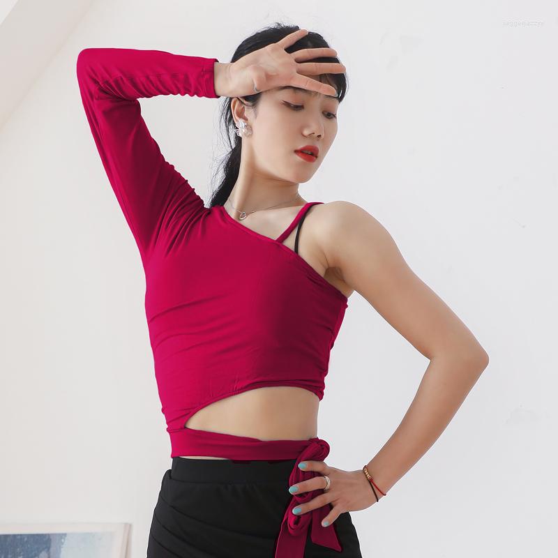 

Stage Wear Female Adult Latin Dance Costumes Summer One-Shoulder Sleeveless Practice Clothes National Standard DN8935, Red