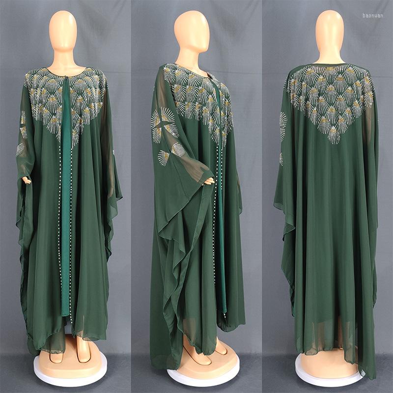 

Ethnic Clothing 2 Piece Dress Set African Dresses For Women Summer Long Sleeve O-neck Green Black Polyester Muslim Abaya