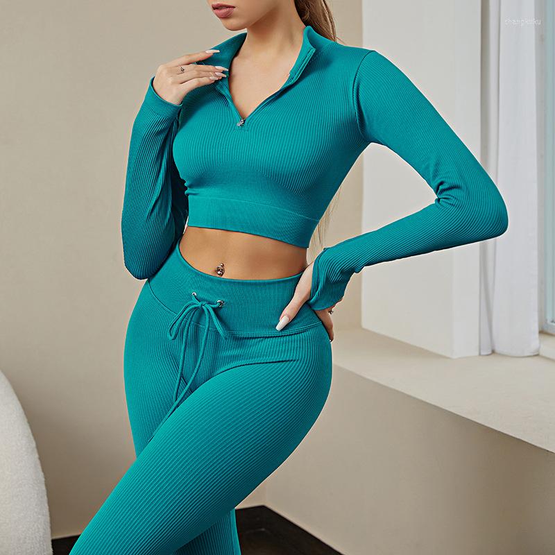 

Active Sets Seamless Yoga Suit Two Piece Set Sports Clothing Women Zipper Long Sleeve Shirts Drawstring Leggings Workout Clothes For Woman, Sweetened bean paste