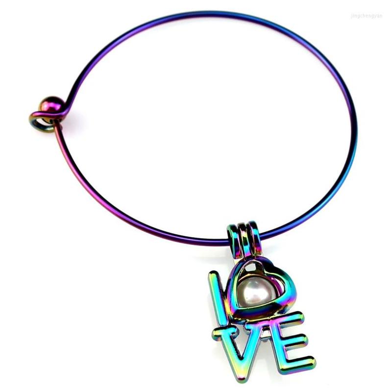 

Bangle Rainbow Color Pick A Pearl Cage Dangle LOVE Heart Pendant B-C844