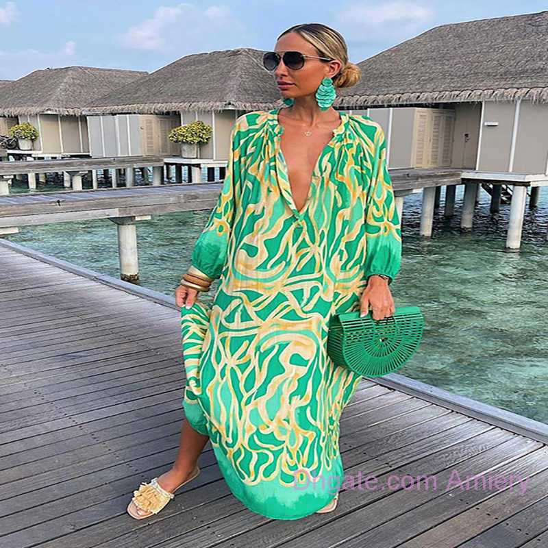 

Casual Dresses Women Vintage Maxi Designer dresses Summer Sexy Deep VNeck Long Sleeve Boho Print Long Dress Female Beach Cover Up Elegant Robe Summer Clothing Skirt, White5
