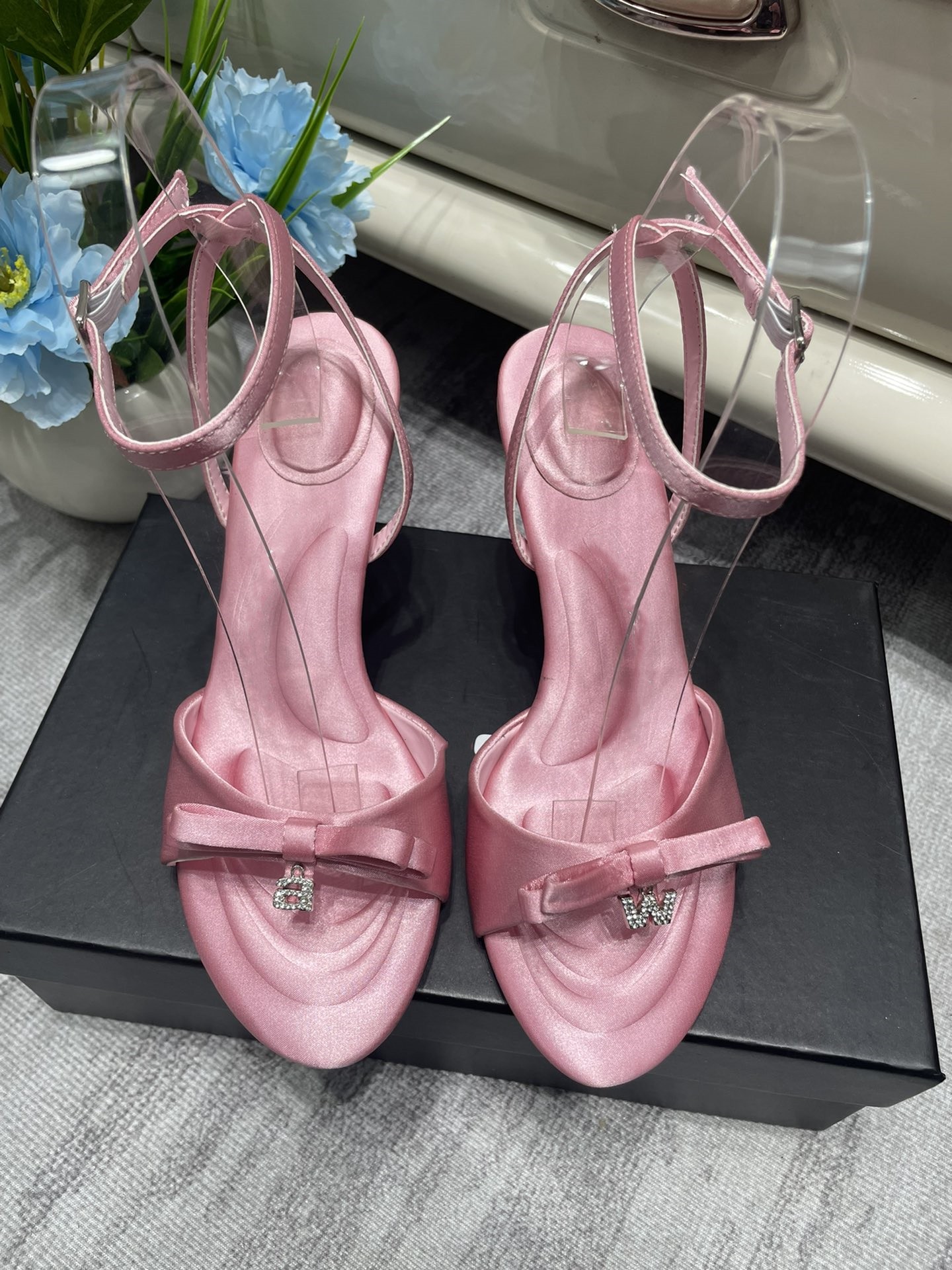 

silk satin AW Womens High-Heeled Shoes Rhinestone diamond letters wang Sandals Point Toe Ankle Buckles bowtie Ladies Sexy Dress High Heels slippers slides, Awg523-2