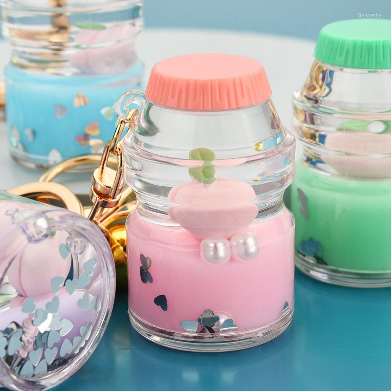 

Keychains Creative Simulation Peach Fruit Keychain Cute Liquid Milk Bottle Keyring Women Summer Bag Key Holder Gift