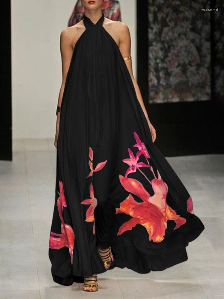 

Casual Dresses Celmia 2023 Summer Halter Sundress Femme A-line Backless Bohemian Floral Printed Long Robe Sexy Women Loose Maxi Dress, Black