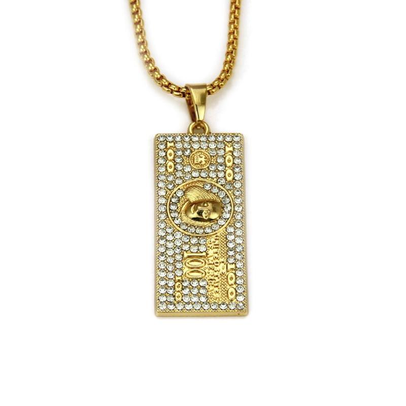 

Pendant Necklaces Hip Hop Rhinestones Paved Bling Iced Out Golden 100 Dollars Money RICH Pendants Necklace For Men Rapper Jewelry Drop