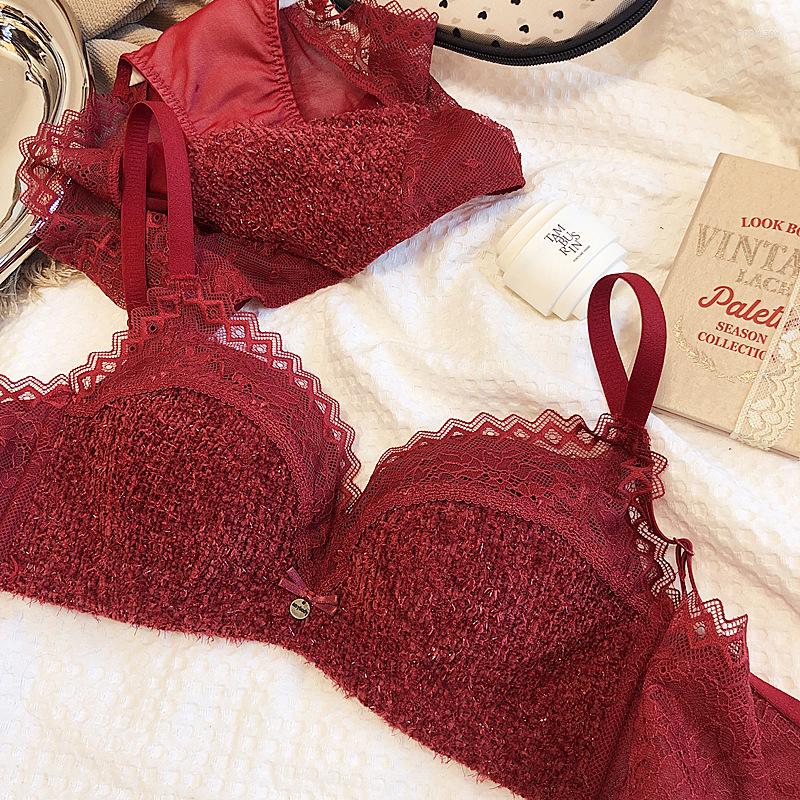 

Bras Sets Thick Lace Lingerie Brief Silk Woolen Cashmere Push Up No Steel Ring Bra Set Thin Upper And Lower Pad Underwear Women, As photo show