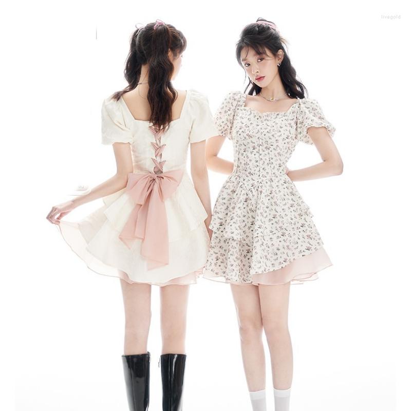 

Party Dresses Summer Beige Dress Womens Printing Bow Design Sexy Chic 2023 Fashion Y2K Suspender Simple Female Temperament
