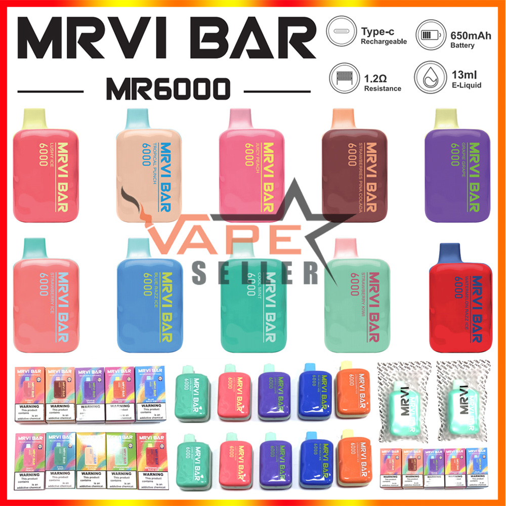 

Original Mrvi Bar 6000 Puffs Rechargeable Disposable Vape E Cigarette With 650mAh Battery Prefilled 13ml Pod Suitcase Elf Box VS Lost Mary Elfworld Caky