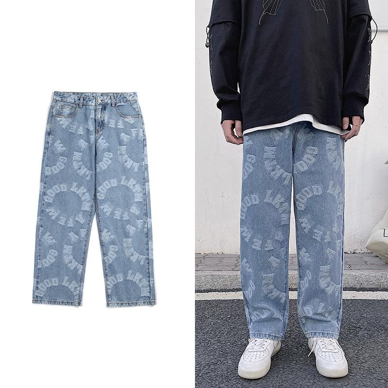 

Men' Jeans Autumn Winter Pants High Street Ins Tide Brand Men Loose Hiphop American Straight Print Harajuku Style, Blue