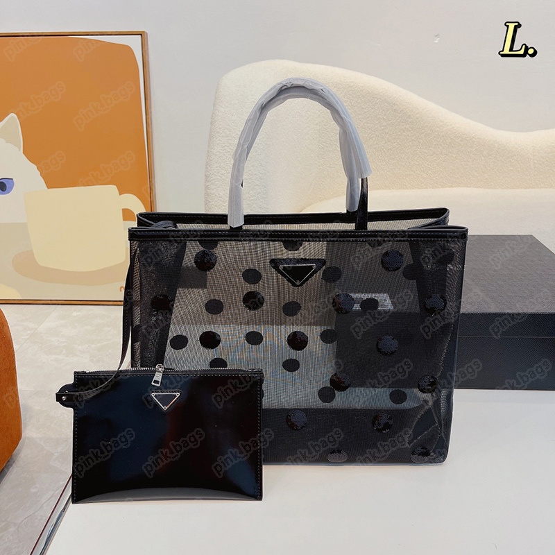 

Fashion Women Designer Beach Bags Transparent Black Gauze High Capacity Shoulder Bag Street Trend Brand P Tote Crossbody Handbag 2305252BF, P#black