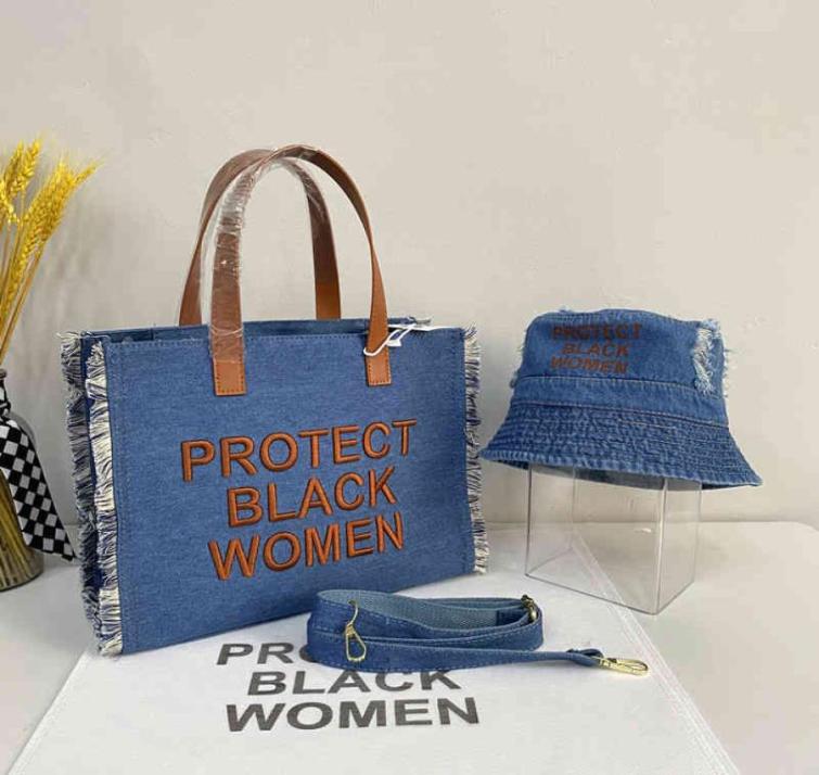 

2 Pcs Protect Black Women Shopping Bags Letter Embroidery Denim Tote Bag Women039s HandBag Large Capacity Tote Bag Embroidery S5955503, Blue