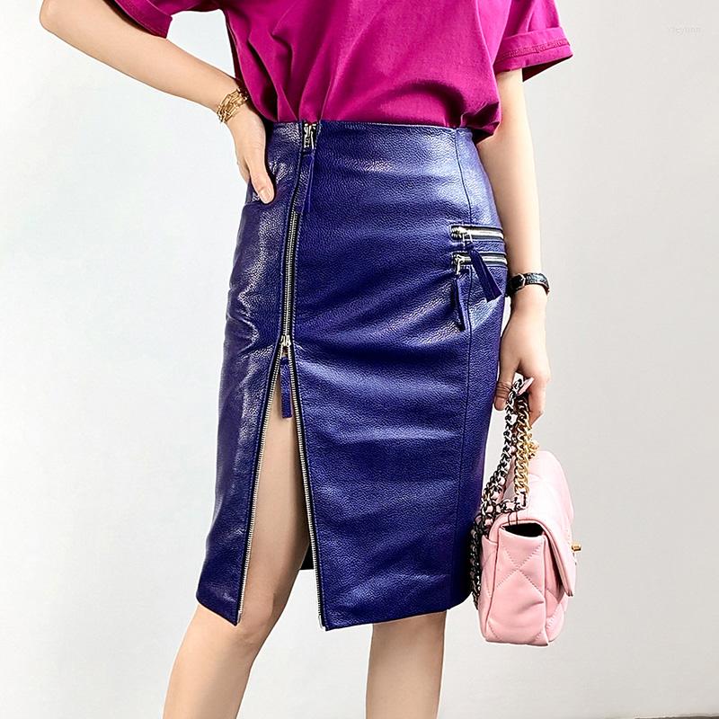 

Skirts 2023 Spring Autumn Women's High Waist Genuine Sheepskin Leather Skirt Split Elegant TF4746, Black