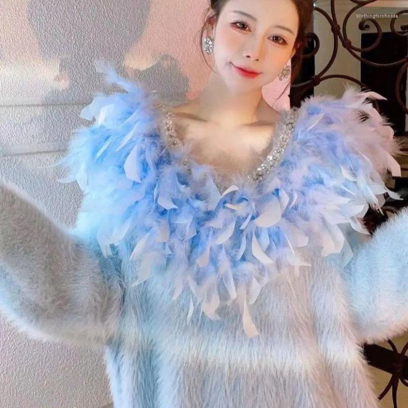 

Women's Sweaters 2023 Autumn Winter Women Pullovers Beading V-neck Splicing Feathers Thicken Elegant Imitation Mink Velvet Tops, Blue