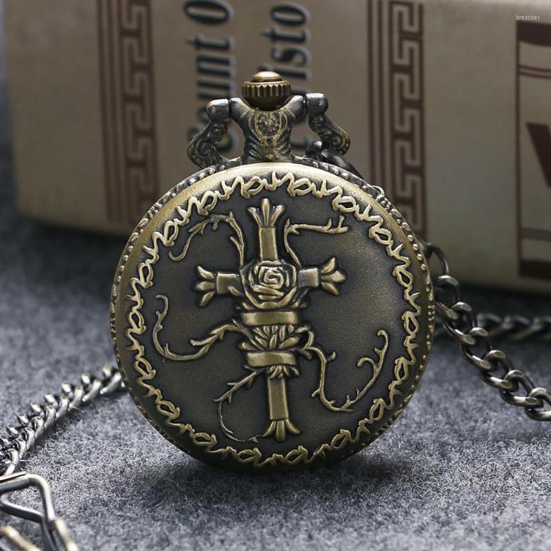 

Pocket Watches Vintage Bronze Cross Arabic Number Watch Quartz Analog 30cm Chain Pendant Clock Present Men Women, Bronze 30 cm