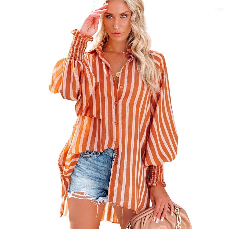 

Women's Blouses Lantern Sleeve Striped Shirts And 2023 Spring Summer Autumn Lapel Long Blouse Beach Vacation Women's Shirt, Striped navy shirt