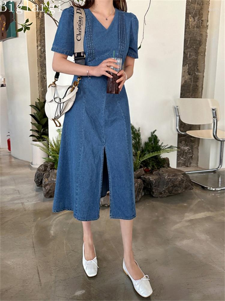 

Party Dresses Korea Summer Fashion Women Puff Sleeve Denim Dress Ladies Womens Casual Office Woman Cotton Pullover Blue Long, Blue dress