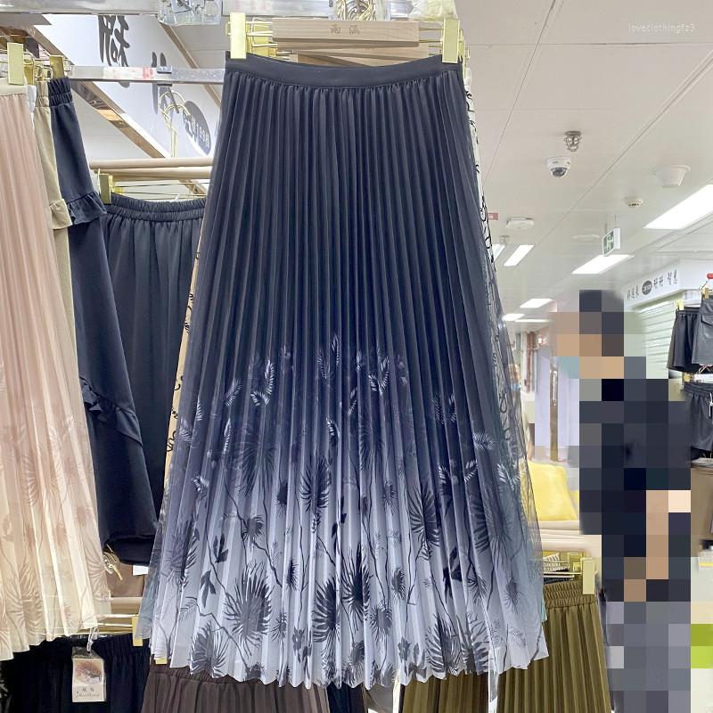 

Skirts 2023 Spring Autumn High-waist Gradient Printed Pleated Women's Clothing Slim A-line Gauze Bd460, Black