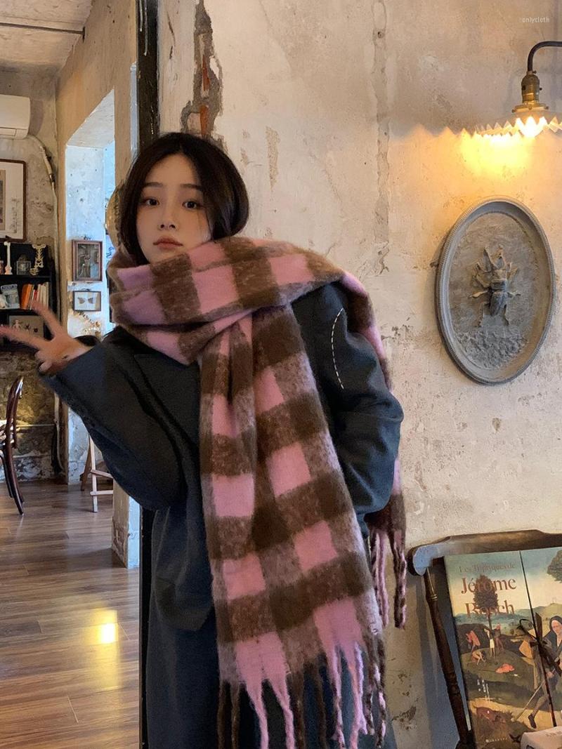 

Scarves Mohair 2023 Winter Plaid Cashmere Scarf Shawl Wrap Chequered Necks Warm Long Tassel Thicker Bufanda Invierno Mujer