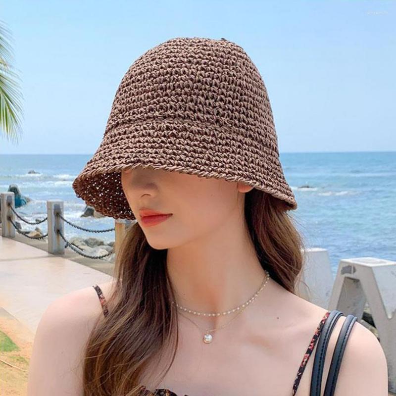 

Wide Brim Hats Hat For Women Summer Solid Color Woven Straw Bucket Sun Foldable Hollow Breathable Sunscreen Beach, Pink