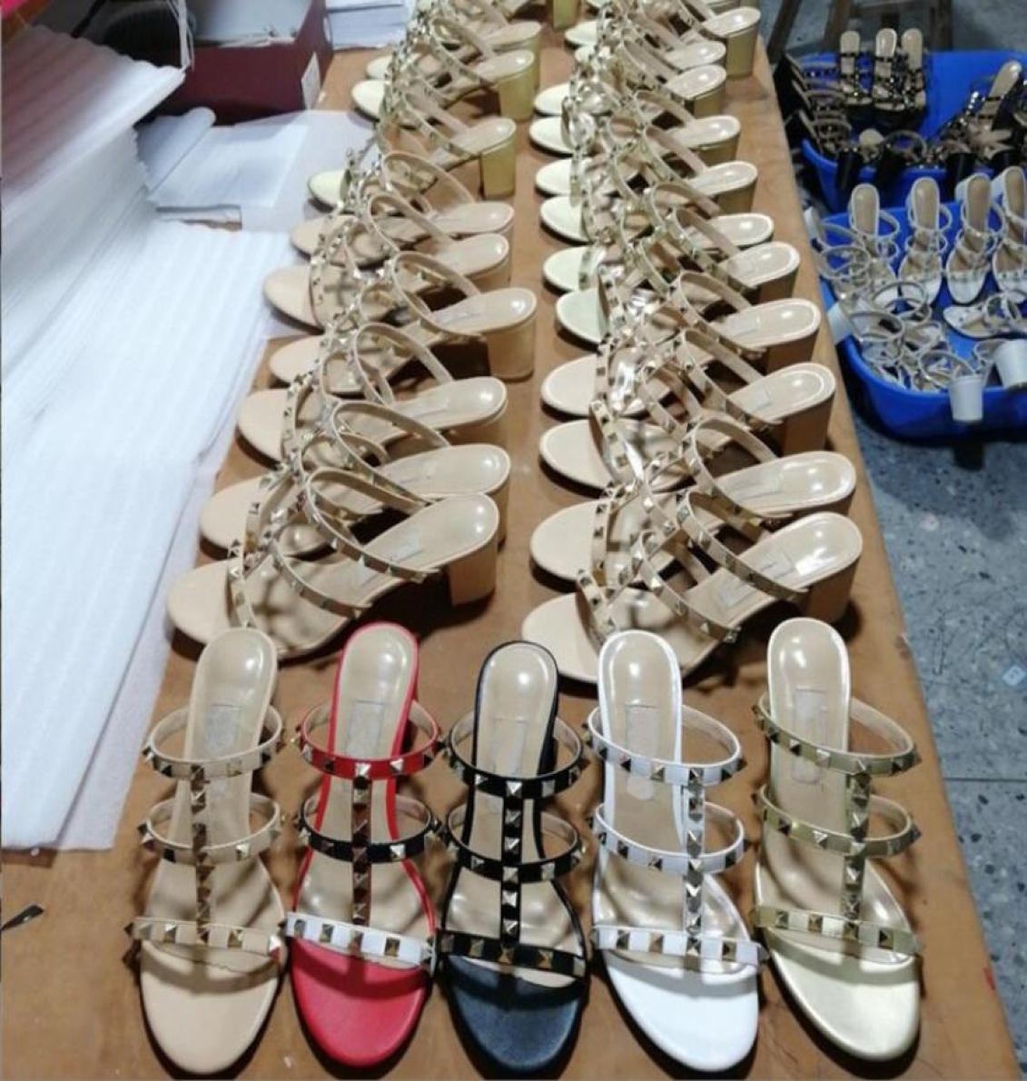 

Summer Studded Women Sandals Lady Slippers Leather Open Toe High Heels 3 Straps Chunky Heels Rivets Classics Shoes With Box2304163, Nude