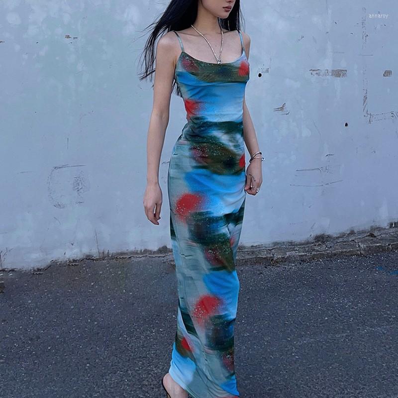 

Casual Dresses Sexy Tie Dye Sleeveless Backless Maxi Dress Women 2023 Summer Bodycon Elegant Outfits Ladies Party Club Sundress Streetwear, Blue