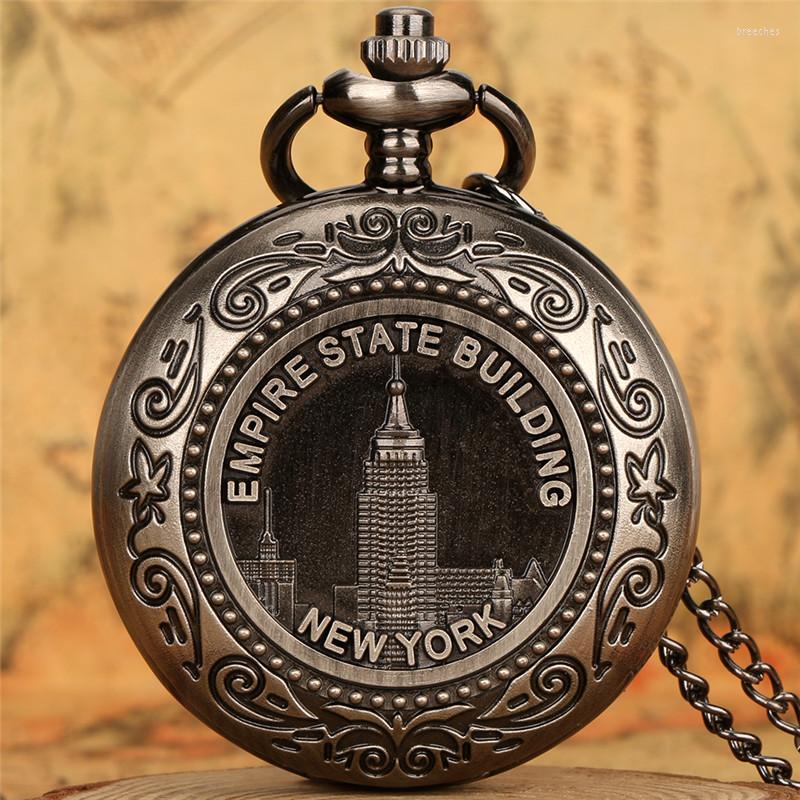 

Pocket Watches Antique Pendant Watch Chain Men Women Quartz Movement Clock York Empire State Building Design Collectable Timepiece, Necklace chain
