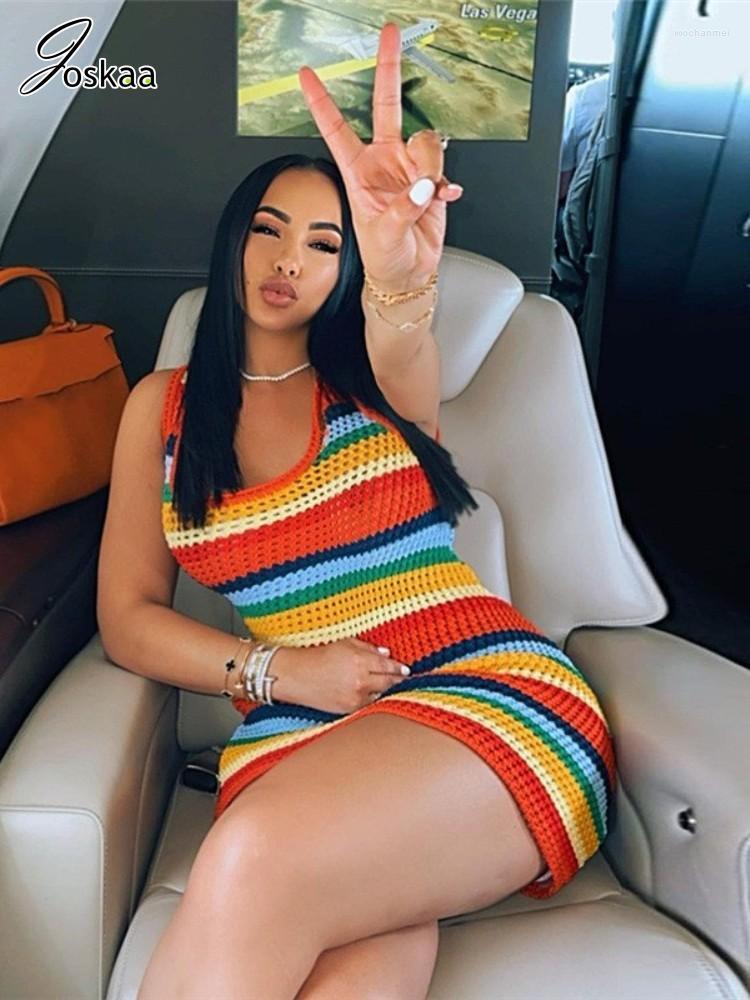 

Casual Dresses Joskaa Colorful Kintted Mini Dress Women Hipster O-Neck Sleeveless Body-Shaping Robe Summer 2023 Party Clubwear Vacation