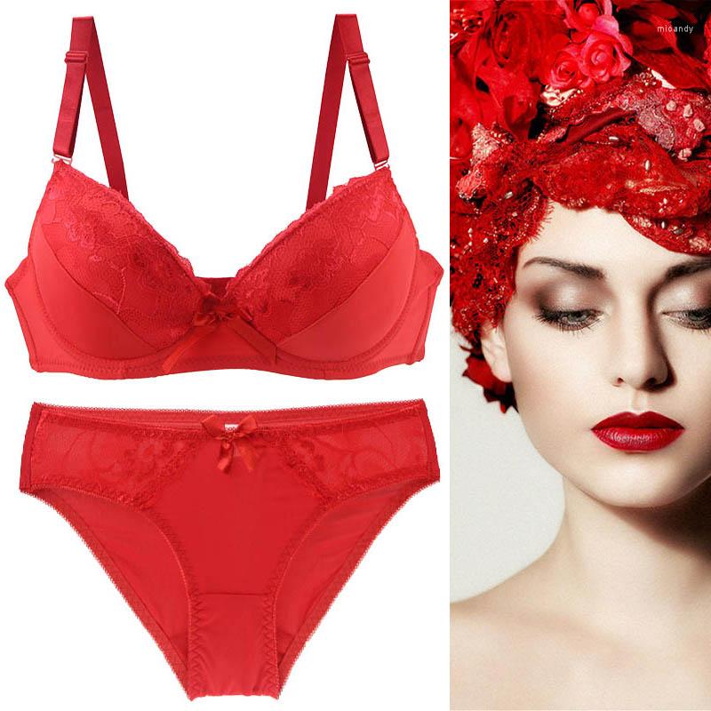 

Bras Sets DaiNaFang Sexy Women Push Up Bra Intimates Lace Thongs Underwear Solid Bow BCDE Cup Female Plus Size Lingerie, Red