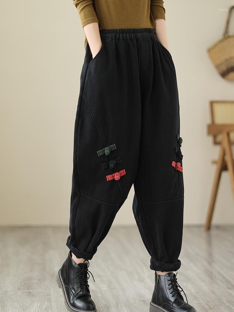 

Women's Pants 2023 Woman Folk-custom Autumn And Winter Velvet Thickened Trousers Loose Retro Buckle Elastic Waist Oversized Harem, Red