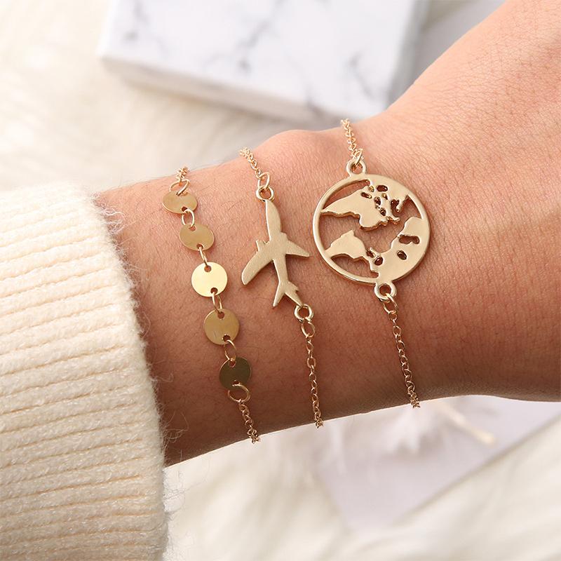 

Link Bracelets Chain Creative Simple Airplane Map Metal Bracelet Set Charming Gold Color Accessories Gift Fashion Women's Party Jewelry