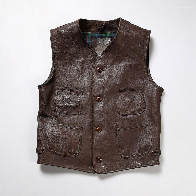 

Men' Vests Japanese Vintage Genuine Leather Vest Men' Cowhide Sleeveless Jackets Motorcycle Biker Casual Waistcoat High Quality, Auburn