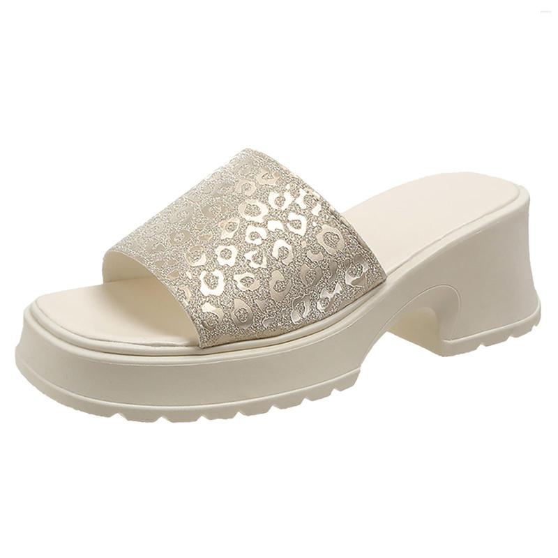 

Slippers Summer Fashion Glossy Fine Flash Solid Colour Thick Heel Square Comfortable Outside Tan Wedge Sandals For Women Size 11, Gold