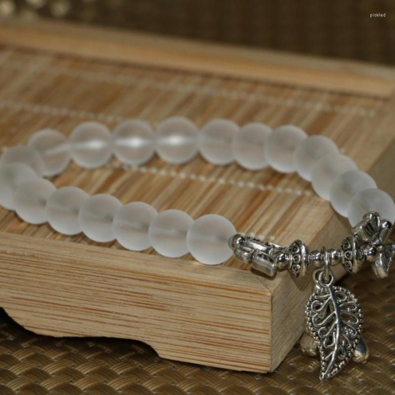 

Strand Wholesale Price White Frosted Matte Crystal Round Beads 8mm Tibet Silver Plated Pendant Bracelet For Women Jewelry 7.5inch B2173