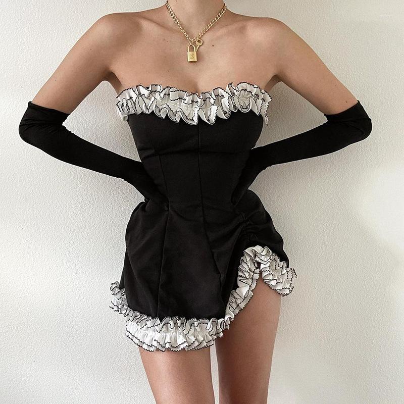 

Casual Dresses K Summer Sexy Strapless Dress Women Edible Tree Slash Neck Short Female Slim Party Mini, Black
