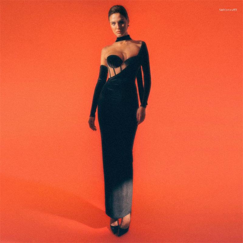 

Casual Dresses 2023 Fashion Summer Black Irregular Fleece Bra Gloves Long Dress 4-Piece Sexy Slim Evening Club Cocktai Party