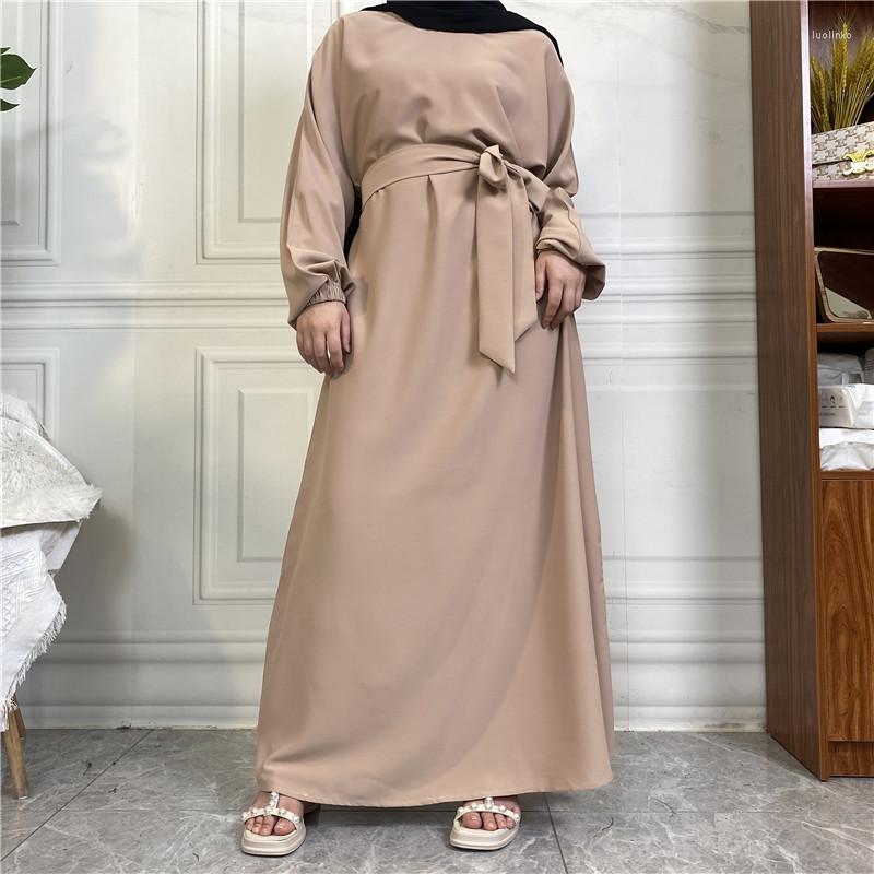 

Ethnic Clothing Elastic Cuff Solid Belt Pocket Casual Elegant Dress Muslim Abayas For Women Abaya Dubai Turkey Islam