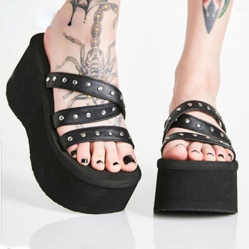 

Slippers Fashion Punk Rivet Slides Platform Wedges High Heels Women's Brand Ladies Street Gothic Shoes Woman Big Size 35-43, Abrazine black