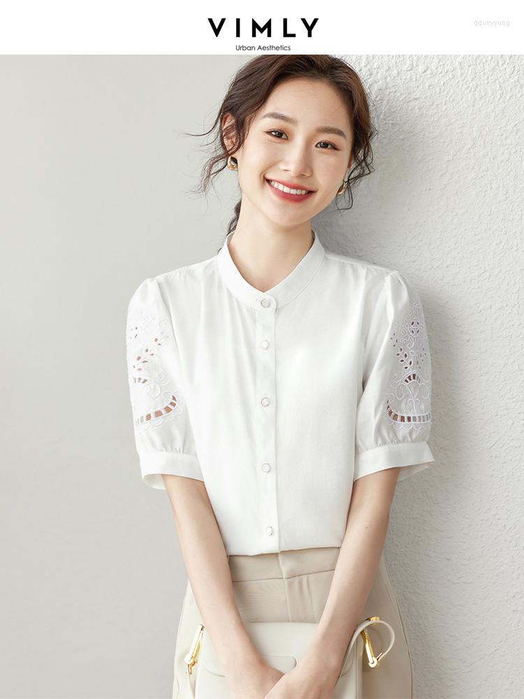 

Women' Blouses Vimly French White Shirts For Women 2023 Summer Fashion Hollow Out Stand Collar Puff Sleeves Office Lady Loose Blouse Tops, Purple