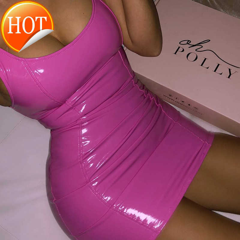 

InstaHot Pink Tank Sleeveless PU Sheath Dress Women Summer Bodycon Zipper Low Cut Elastic Clubwear Skinny Mini Dress New Style, Black