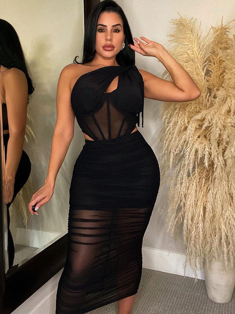 

Work Dresses Znaiml Sexy Sheer Ruched Mesh One Shoulder Crop Top And Long Skirt Dress Matching Set Women Outfit Party Prom Birthday Clubwear, Black