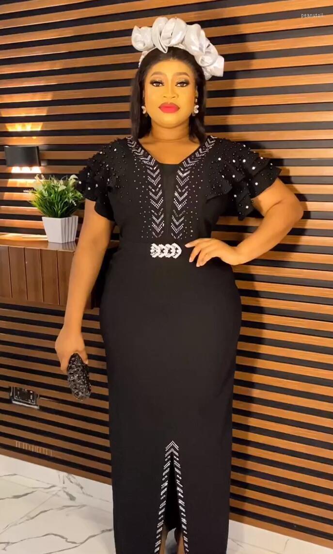 

Ethnic Clothing African Clothes 2023 Summer Women V-neck Short Sleeve Blue Black Polyester Dress Wedding Party Maxi