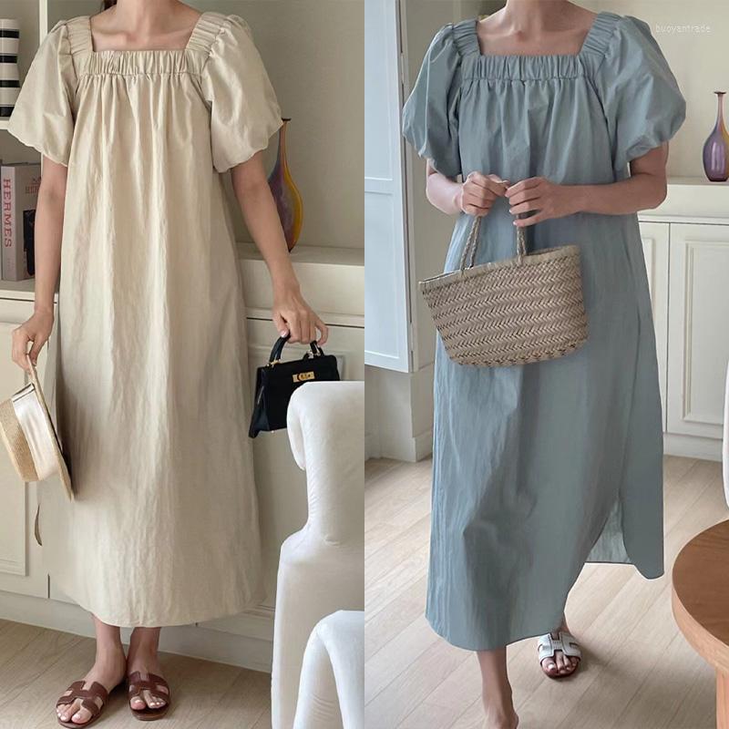 

Casual Dresses South Korea CHIC Summer French CONTRACTED RETRO SQUARE COLLAR Skirt Loose In Long Knee Show Thin Short Sleeve Dress, Black