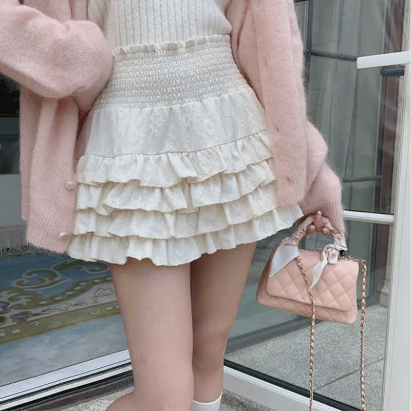 

WENJIALI Cream Girls' Feeling Slim Black and White Lace Fluffy Cake Half Skirt High Waist Short Skirt Spring/Summer, Black4