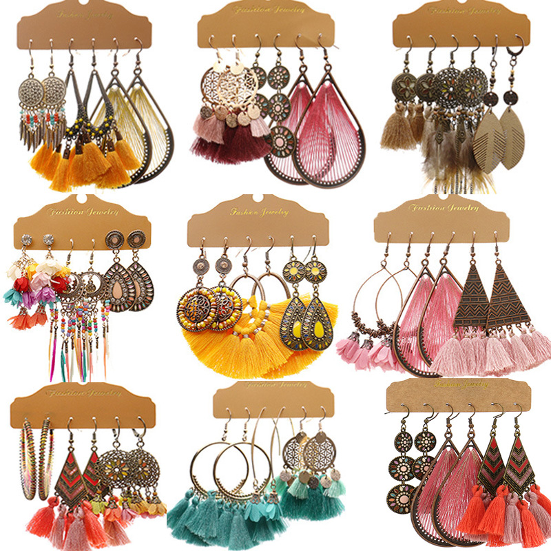 

Exknl 3 Pairs/set Big Vintage Fringed Tassel Drop Earrings Set Women Ethnic Boho Feather Long Flower Earrings Jewelry 2021 New