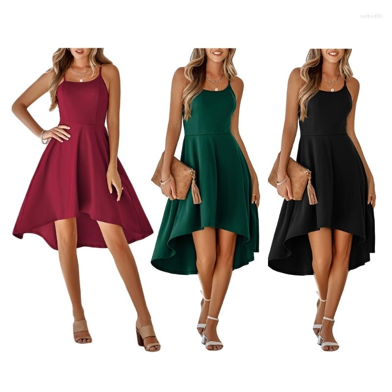 

Casual Dresses Women Summer Dress High Low Hem Spaghetti Strap Ruffle Cocktail Party, Burgundy
