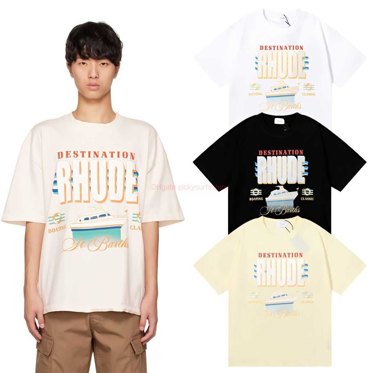 

Designer Fashion Clothing Tees Tshirt Rhude Destination Yacht Printed Pure Cotton Short Sleeve Summer Loose Casual Boys Girls Tshirt Cotton Streetwear Tops Casual, White