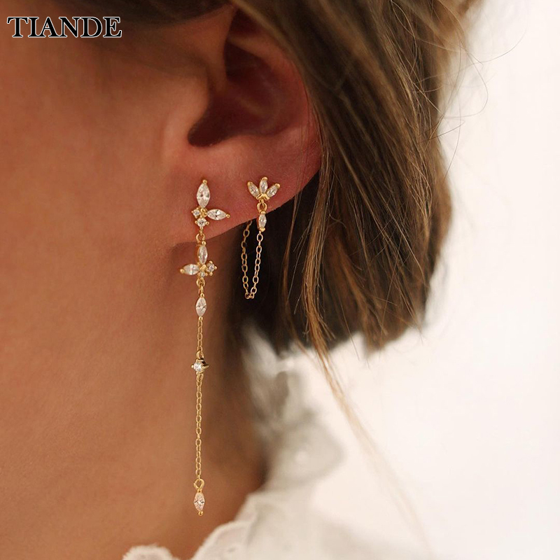 

TIANDE Exquisite Zircon Tassel Chain Dangle Earrings for Women Fashion Gold Plated Pierced Ear Stud Earrings Jewelry Accessories