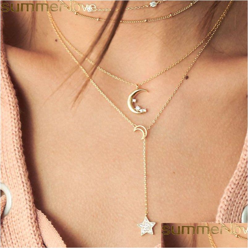 

Pendant Necklaces Vintage Crystal Moon Star Necklace For Women Beaded Mtilayer Gold Color Bohemian Party Jewelry Drop Delive Dhhy7