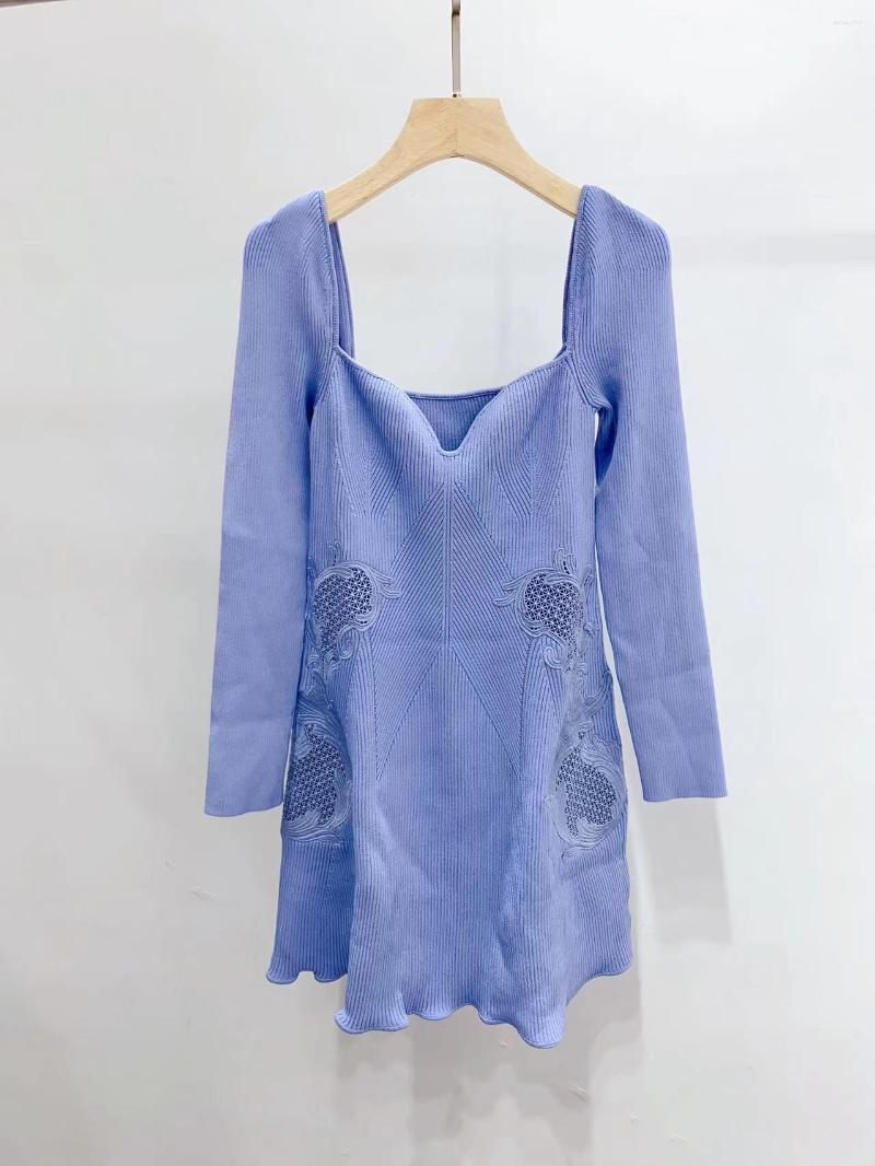

Casual Dresses Women Robe Hollow Out Embroidery Square Collar Long Sleeve Knitted Short Dress, Sky blue